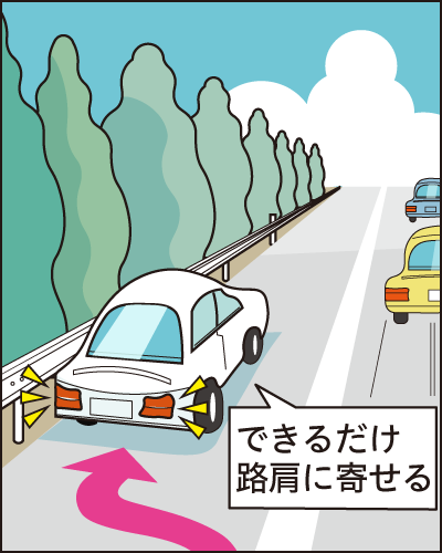 ハザードランプを点灯し車を路肩に寄せる