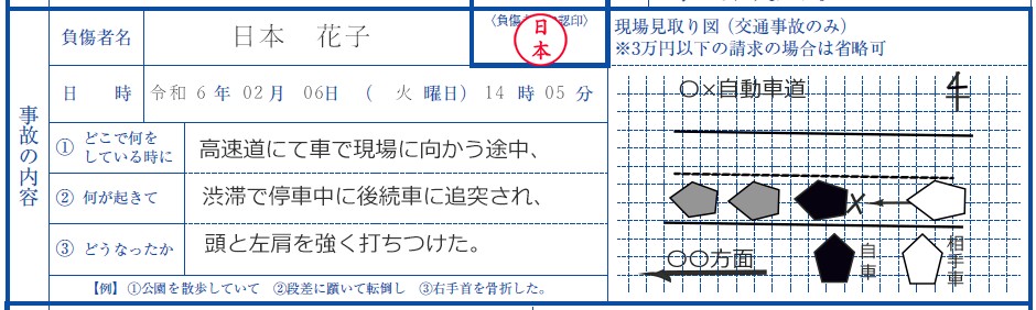 共済金請求書「事故の内容」欄