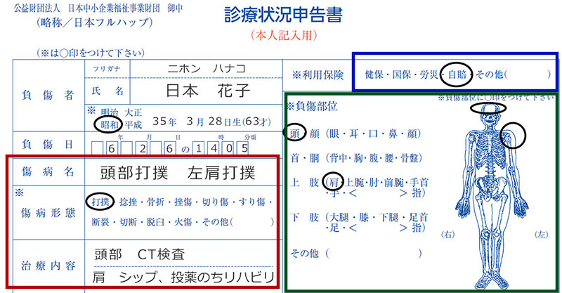 診療状況申告書「傷病名・治療内容・利用保険」欄等