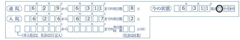 診療状況申告書「通入院日数・今の状態」欄