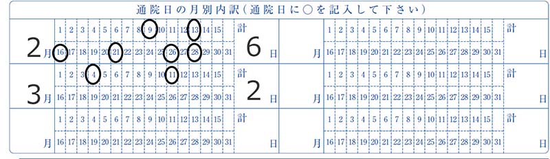 診療状況申告書「通院日の月別内訳」欄